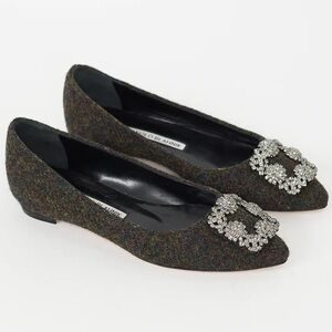 Manolo Blahnik Hangisi Green Tweed Pointed Toe Jewel Embellished Buckle Flats